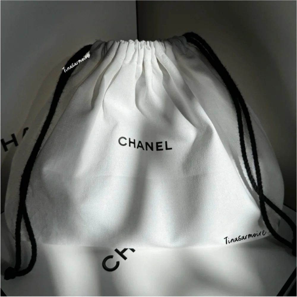 CHANEL White Drawstring Dust Bag with Black Cord